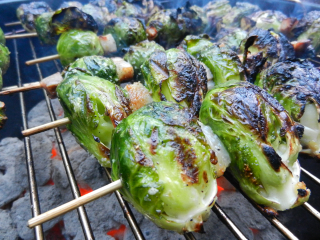 Grilled Brussel Sprout Kabobs with Bacon Lardons: Football Foodie Kickoff!