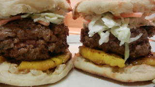 Favorite Burgers: Pineapple, cole slaw, teriyaki and blue cheese on English muffins