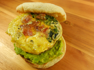  Bacon Chile Cheese Spinach Scrambled Eggs on Avocado and English Muffin Breakfast Sandwiches: Football Foodie Brunch